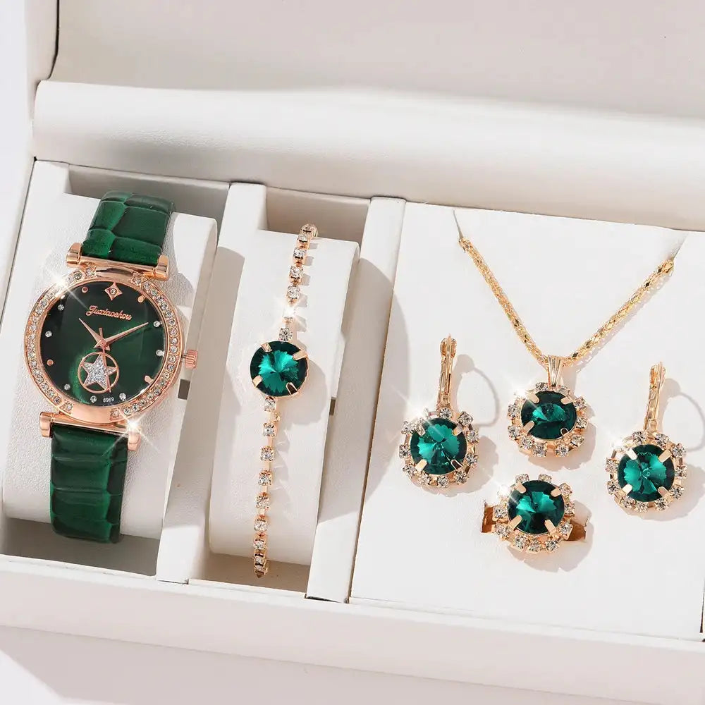6PCS Set Green Luxury Quartz Watch Women Ring Necklace Earring Rhinestone Fashion Wristwatch Casual Ladies Bracelet Watches 6PCS - Lootquake