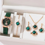 6PCS Set Green Luxury Quartz Watch Women Ring Necklace Earring Rhinestone Fashion Wristwatch Casual Ladies Bracelet Watches 6PCS - Lootquake