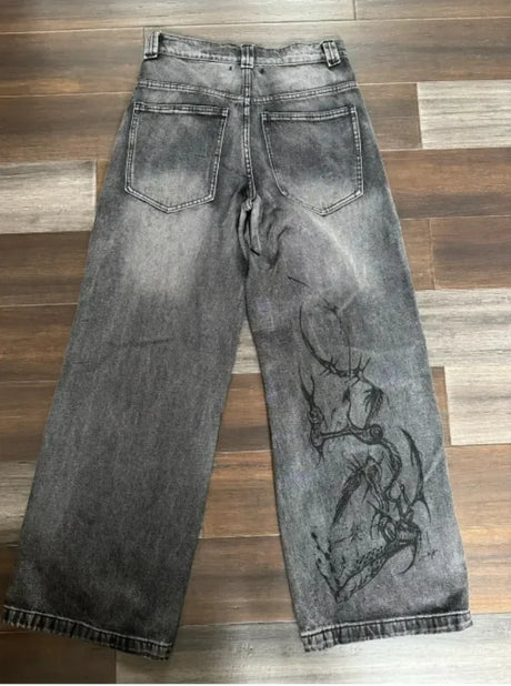 2024 New American Trend Retro Hip-hop Embroidery Pattern Baggy Jeans For Men And Women Y2K Harajuku Gothic Wide Pants Streetwear - Lootquake