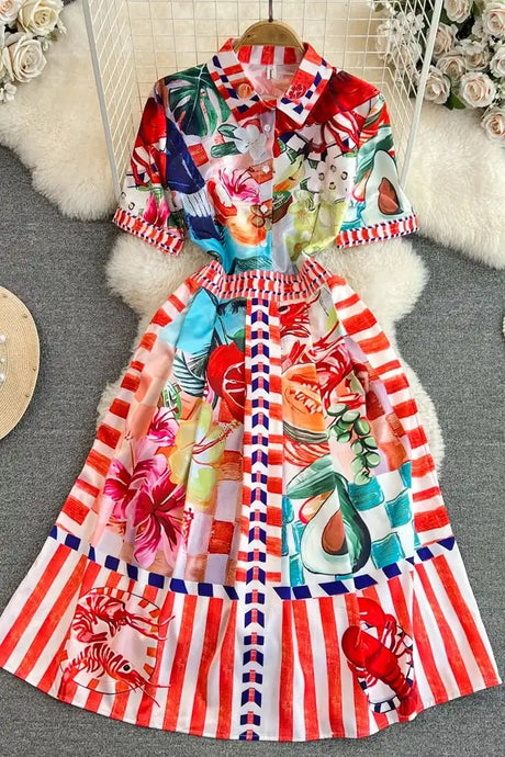 Polo Neck Printed Vintage Long Dress Short Sleeve Big Hem Slim Long Dress Vestidos Casual Fashion Women Elegant Robe - Lootquake