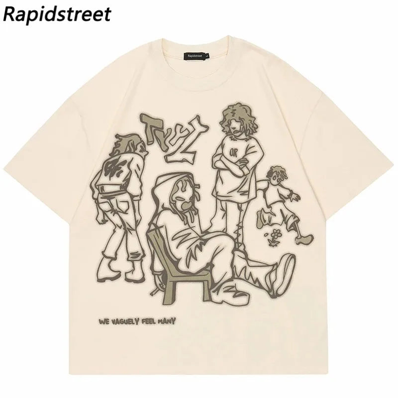 2024 Harajuku Cartoon Girl Cat Japanese Kanji Graphic T Shirt Streetwear Oversized Men T-Shirt Hip Hop Women Short Sleeve Tops - Lootquake