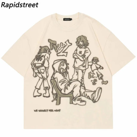 2024 Harajuku Cartoon Girl Cat Japanese Kanji Graphic T Shirt Streetwear Oversized Men T-Shirt Hip Hop Women Short Sleeve Tops - Lootquake