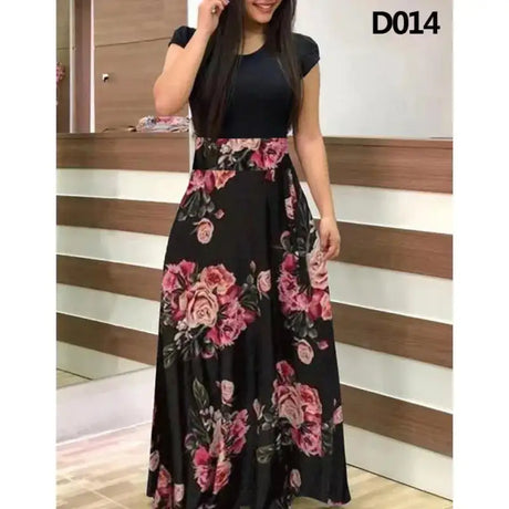 Women Floral Dot Print Patchwork Long Dress Summer Casual Short Sleeve O-Neck High Waist Robe Boho Beach Maxi Sundress Vintage - Lootquake