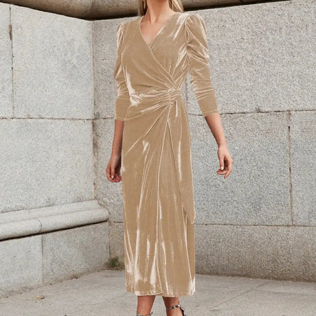 Elegant Solid Velvet Long Dress Women V-neck Wrap Long Sleeve High Waist Ruched Lace-up Birthday Dress Evening Sexy Party Vestid - Lootquake
