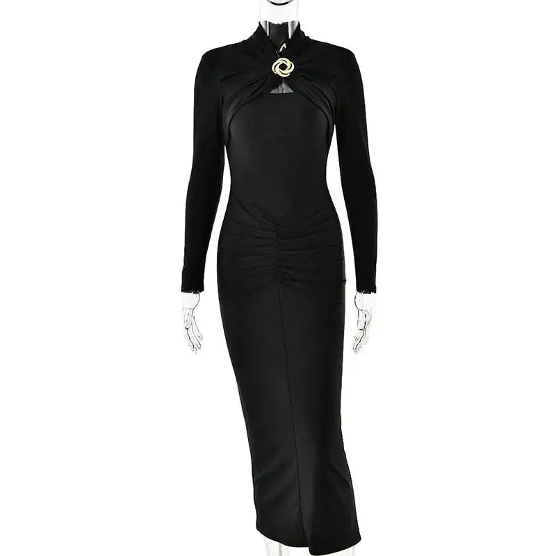 GACVGA Sexy Hollow Out Ruched Maxi Dress For Women 2024 Autumn Winter Long Sleeve Slit Slim Elegant Party Evening Long Dress - Lootquake