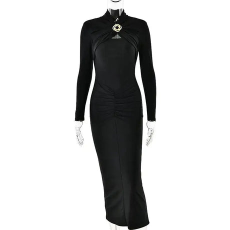 GACVGA Sexy Hollow Out Ruched Maxi Dress For Women 2024 Autumn Winter Long Sleeve Slit Slim Elegant Party Evening Long Dress - Lootquake