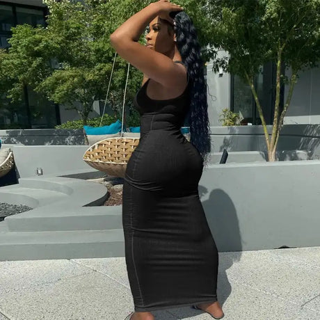 Sifreyr Ribbed V Neck Tank Long Dress Women Solid Sleeveless Bodycon Maxi Dress Sexy Streetwear Party Club Outfits Slim Sundress - Lootquake