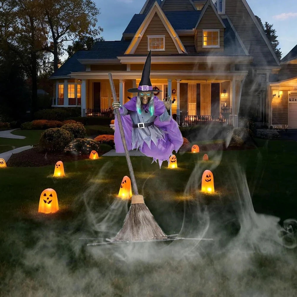 Halloween Props with Terrifying Sounds and Lights Halloween Flying Witch Decor Broom Wizard Decor for Balcony Entry Themed Party