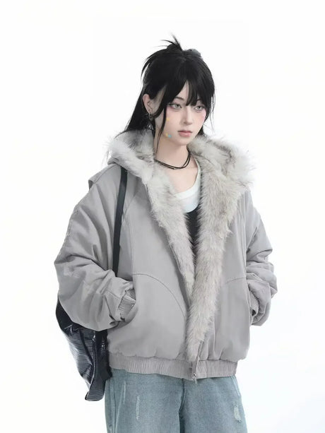 Winter New Plush Jacket American Retro Mao Collar Hooded Jackets Women Street Hip hop Gothic Harajuku Casual Cotton-Padded Coat - Lootquake