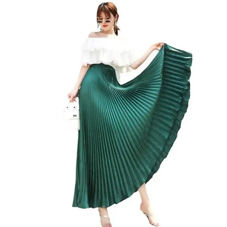 High-Waisted Vintage A- Line Accordion Skirt European Style Pleated Dress Metal Color Wide Hemline Long Dress For Women - Lootquake