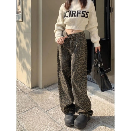 Vintage Leopard Print Pantalon Femme Wide Leg Pants Women High Waist Straight Y2k Jeans Casual Fashion Korean  Jean Trousers - Lootquake