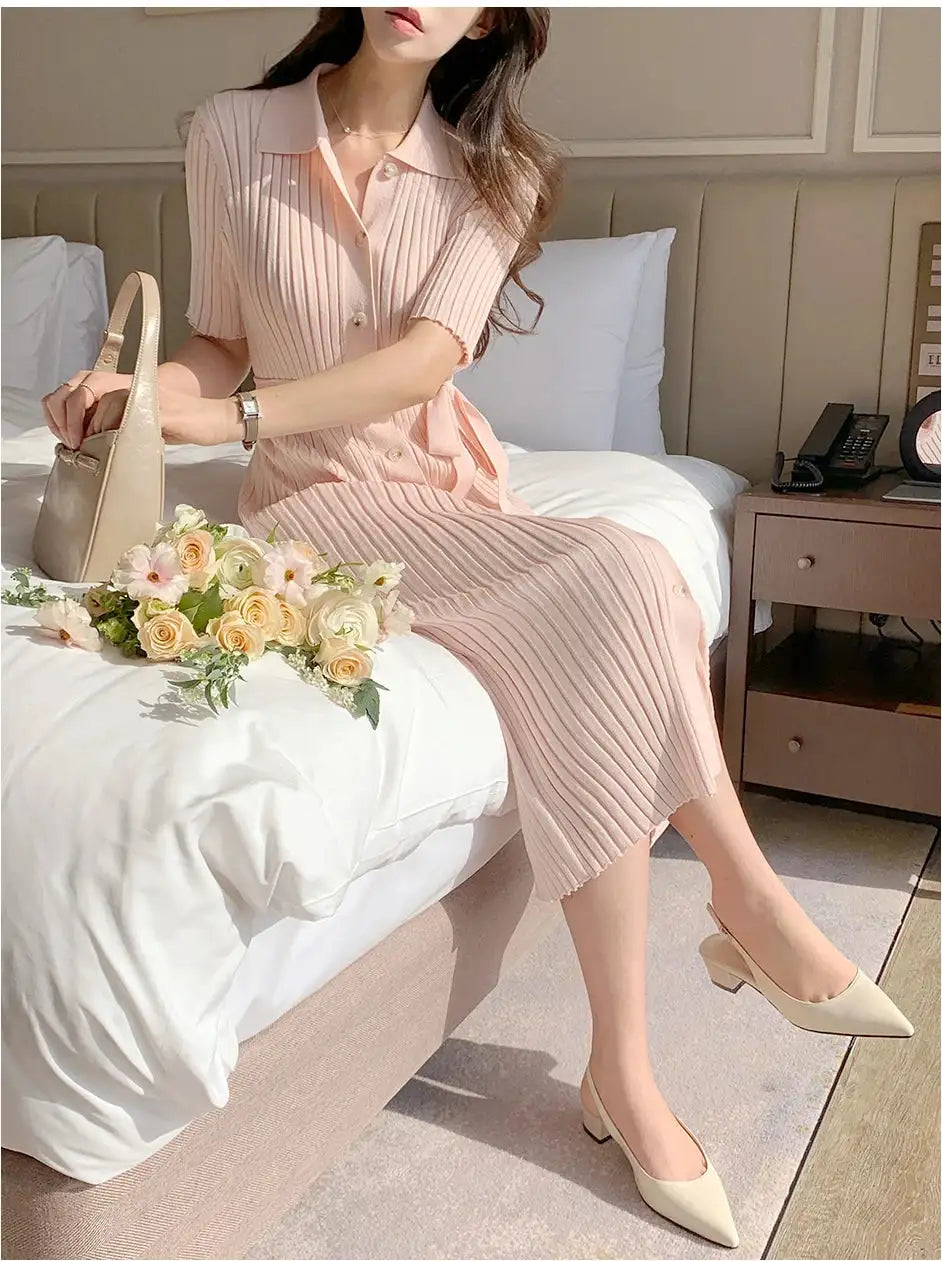 Elegant Summer Sweet Sle Turn-down Collar Single-button Thin Ice Silk Short-sleeve Knitted Long Dress Women's Fashion - Lootquake