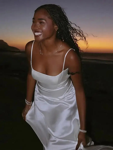 Women's Solid Sexy Satin Lace Up Backless Long Dress Elegant High Waist Square Neck Slim Sling Dresses 2025 Female Beach Robes - Lootquake