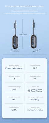 Receptor y transmisor de audio Bluetooth 5.3 con conector auxiliar de 3,5 mm para avión, adaptador USB inalámbrico para TV, PC, auriculares, kit de coche y altavoz.