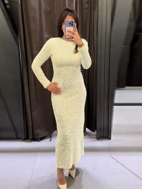 Sequined Party Dresses For Women Removable Sleeve O-neck Slim Long Dress Female 2025 Elegant White Lady Sexy Evening Vestidos - Lootquake