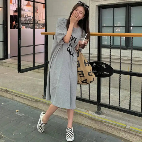 Harajuku Graphic White Long Dress Woman Clothing Y2k Casual Short Sleeve O-Neck Korean Fashion Summer Womens Loose Dresses 2024 - Lootquake