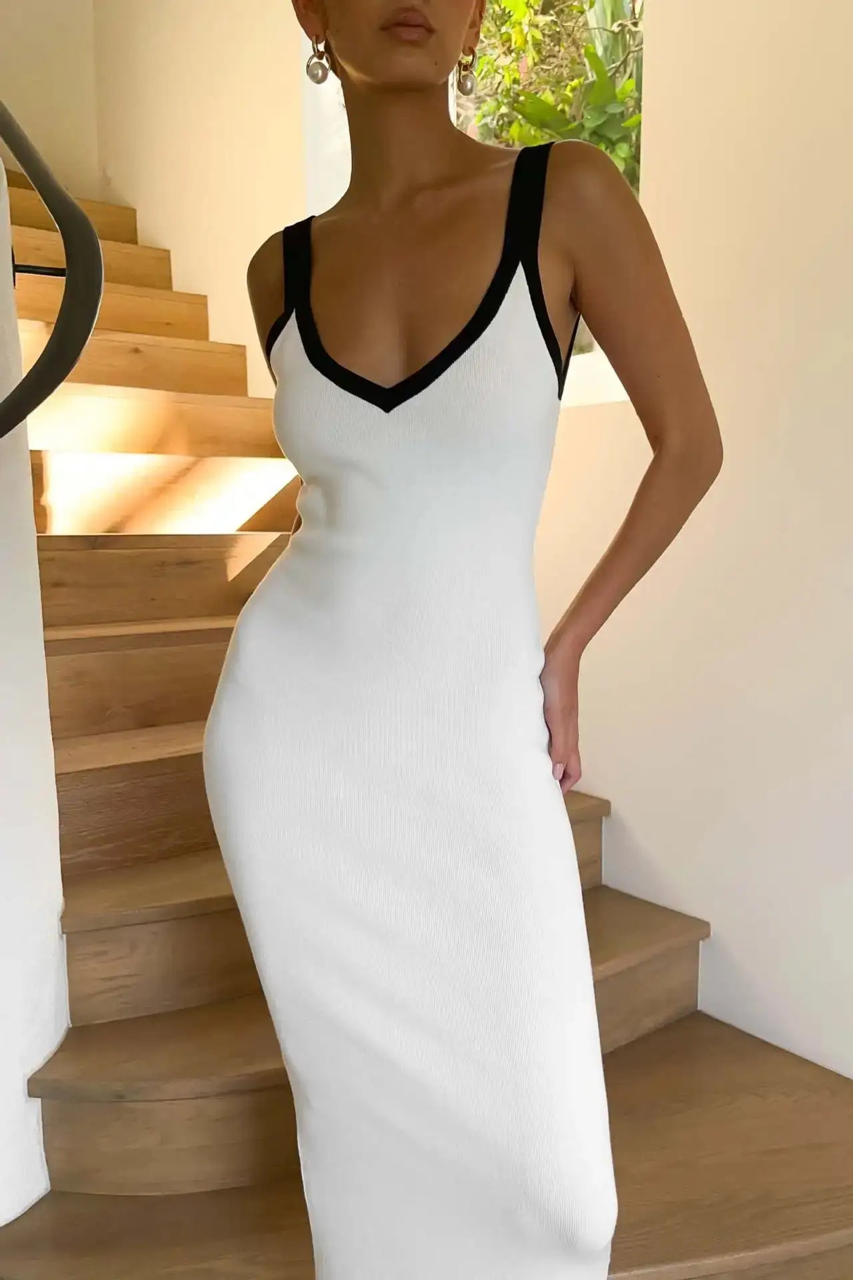 Knit Suspender Split Long Dress Women 2024 New Sleeveless Block Color Beach Vacation V-Neck Knitwear Bodycon Sexy Dresses - Lootquake
