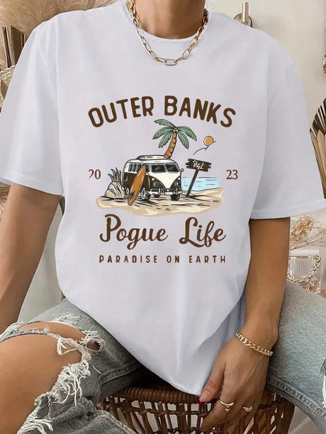 Casual Short Sleeve Outer Banks Print Crew Neck T-Shirt for Spring & Summer Women's Clothing Aesthetic Clothes Y2k Top  Graphic - Lootquake