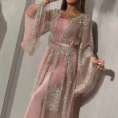 Elegant Women Glitter Flared Long Sleeve Long Dress Vintage French Evening Dress Sexy Ladies Mesh Patchwork Split Party Dresses - Lootquake