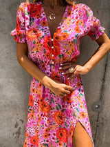 Vestido de verano con estampado floral para mujer, cuello en V, abertura lateral, largo, elegante, manga corta, botones, ajustado, para fiesta de primavera