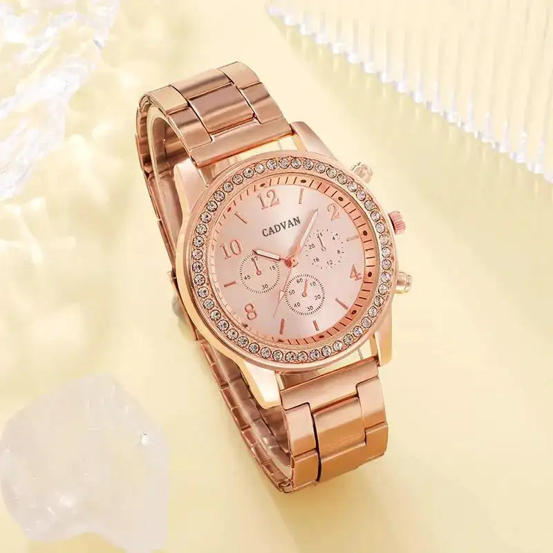 6PCS Set Rose Gold Luxury Watch Women Ring Necklace Earring Rhinestone Fashion Wristwatch Casual Ladies Bracelet Watches - Lootquake
