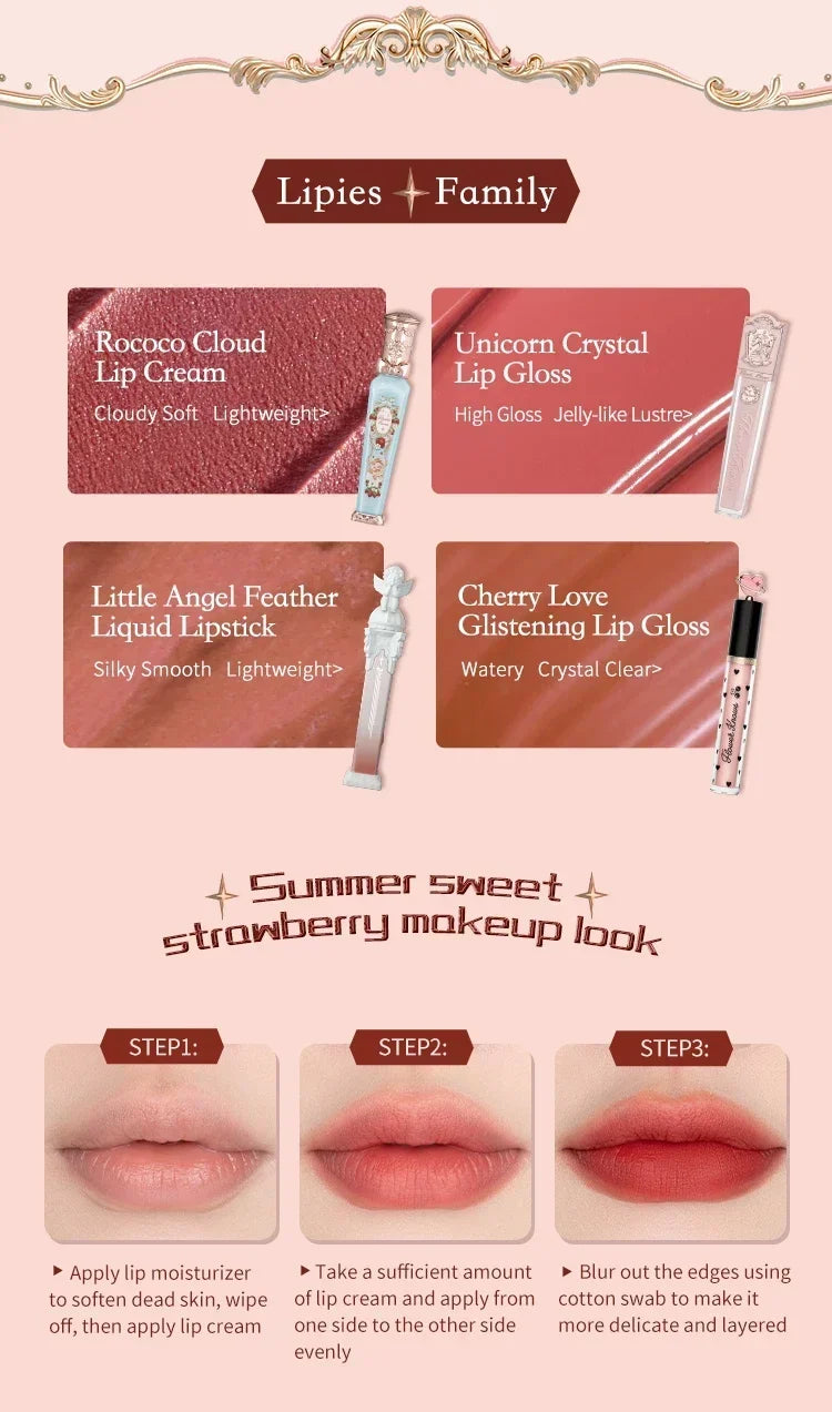 Flower Knows Strawberry Rococo Series Cloud Lip Cream Lip Gloss Long Lasting Velvet Lip Tint Lipstick for Women Cosmetic