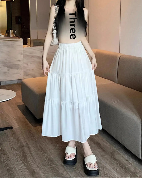 Spring 2024 New Women's Petite Black Umbrella Skirt High-waisted A- line White Dress Long Dress Drape Sense - Lootquake
