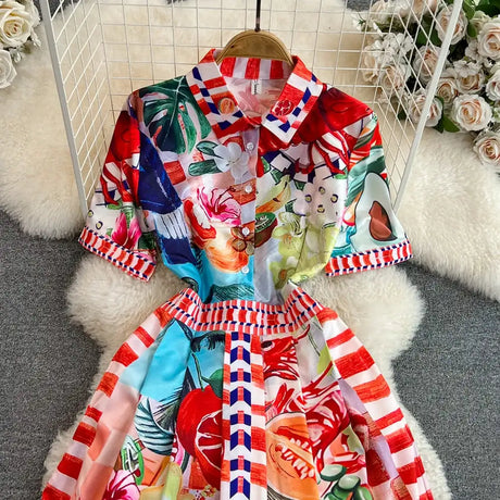 Polo Neck Printed Vintage Long Dress Short Sleeve Big Hem Slim Long Dress Vestidos Casual Fashion Women Elegant Robe - Lootquake