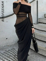 BOOFEENAA See Through Mesh Patchwork Black Long Dress Fall 2024 Sexy Elegant Off Shoulder Long Sleeve Cutout Dresses C66-EZ33 - Lootquake