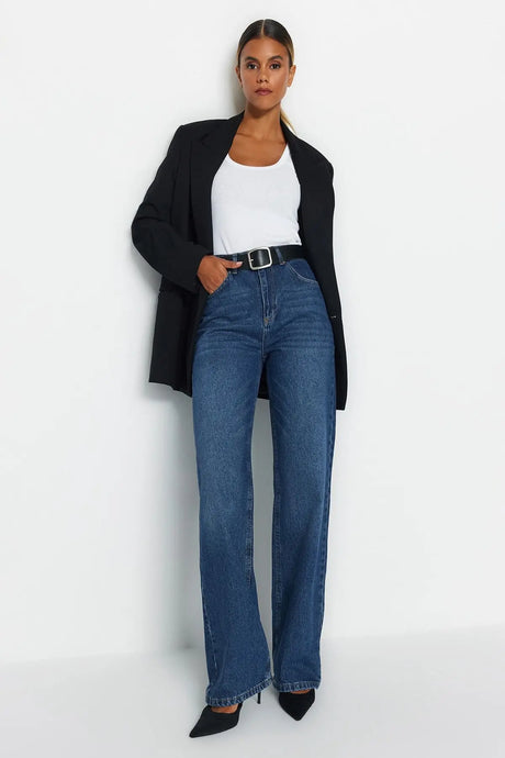 Trendyol TYZA Women's Jeans Casual Beltless Wide Leg Denim Plain Jeans Wide Leg Casual Pants Denim Pants - Lootquake