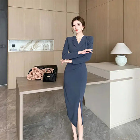 Women Pink Pleated Bodycon Formal Long Dress Autumn Winter Long Sleeve Chic Suit Dress 2025 Korean Fashion Elegant Party Dresses - Lootquake