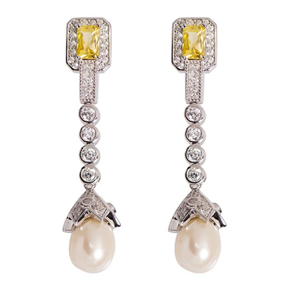 Karachis Vintage Elegant 925 Sterling Silver Natural Pearl High Carbon Diamond Citrine Gemstone Earrings for Women Jewelry - Lootquake