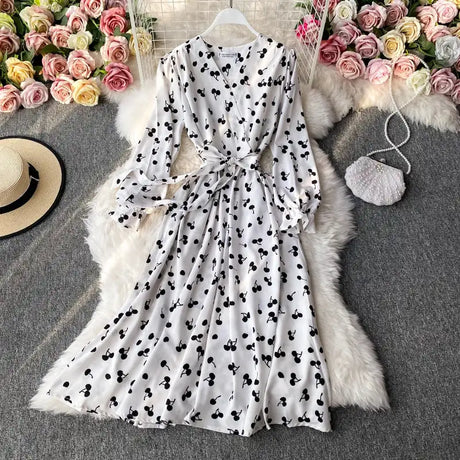 YuooMuoo Korean Fashion Cherry Print Women Dress 2025 New Spring Vintage Bandage Slim Waist Long Dress Elegant Party Vestidos - Lootquake
