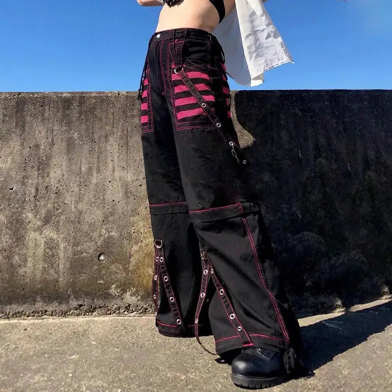 Gothic Women Punk Cargo Pants Wide Straight Leg Pants Grunge Hippie Baggy Trousers Y2k Academic Dark Clothes Streetwear - Lootquake