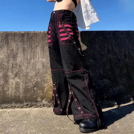 Gothic Women Punk Cargo Pants Wide Straight Leg Pants Grunge Hippie Baggy Trousers Y2k Academic Dark Clothes Streetwear - Lootquake