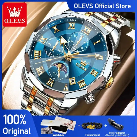 OLEVS 3675 Mens Watch Original Multifunctional Chronograph Quartz Watch Moon Phase Watches For Men Waterproof Mens Gifts Reloj - Lootquake