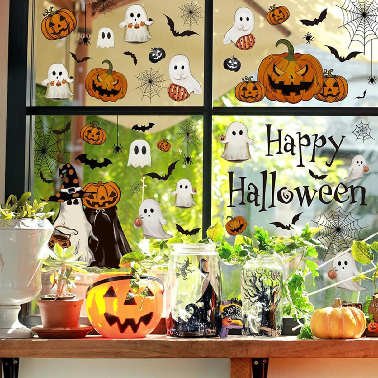 Halloween Theme Cute Spooky & Pumpkin Window Stickers Decor Living Room Glass Window Decorative Stickers Pvc Static Stickers