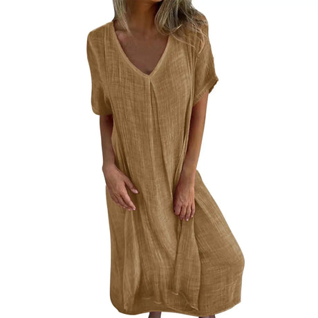 Cotton Linen Short Sleeve Loose Dress 2024 Summer Women's V-neck High Waist Long Dress Vintage Solid Color Straight Beach Dress - Lootquake