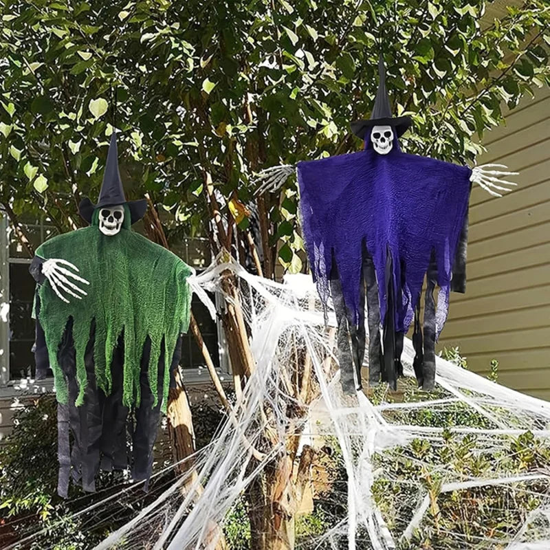 Halloween Skeleton Ghost Hanging Decor,Scary Flying Ghost with Wizard Hat for Haunted House Decor, Patio Porch Skull Prop