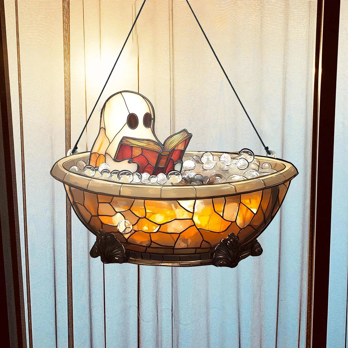 Acrylic Halloween Ghost in Bathtub Hanging Ornaments Cute Ghost Reading Book Decor Home Bedroom Living Room Window Decorations