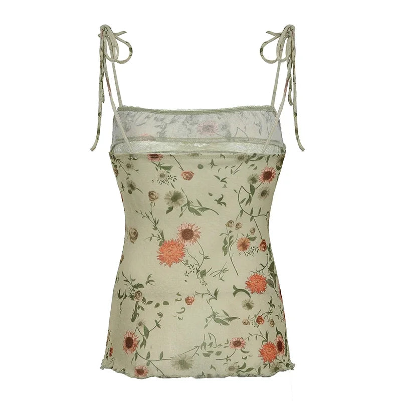 Y2K Floral Print Camis Party Holiday Contrast Lace Patchwork Lace-up Straps Tops Coquette Aesthetic Tanks Fairycore Grunge - Lootquake