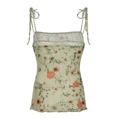Y2K Floral Print Camis Party Holiday Contrast Lace Patchwork Lace-up Straps Tops Coquette Aesthetic Tanks Fairycore Grunge - Lootquake