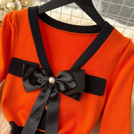 SINGREINY Office Lady Sweater Long Dress 2023 Bow Single Breasted Elastic Split Women Autumn Dress Fashion Senior Knitted Dress - Lootquake