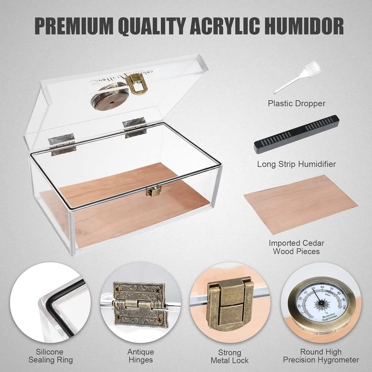 Boîte à cigares Scotte en acrylique avec hygromètre et humidificateur pour 20 cigares. Comprend un coupe-cigare et des accessoires pour perforer les cigares.
