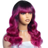22" T1B/Purple Body Wave Wig with Bangs | "Put On & Go" Full Machine Made Human Hair