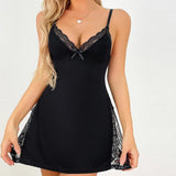 Women’s Sexy Lace Trim Side Slit Bowknot Decor Cami Sleep Dress Ladies Night Dresses Tops Girls Woman Loungewear 2024 Fashion