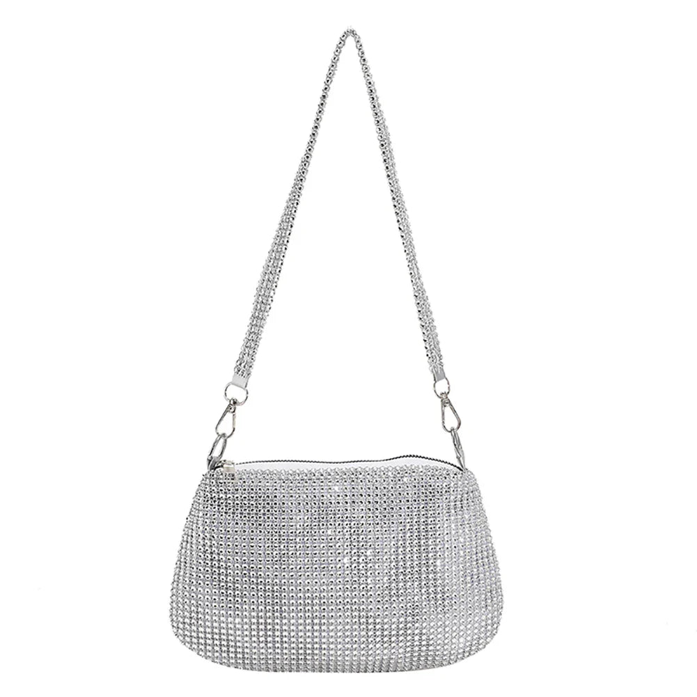 Bling Rhinestone Evening Clutch Bag | Women's Korean Designer Diamond Chain Dinner Party Handbag (Lady Square Tote Shoulder Bag)