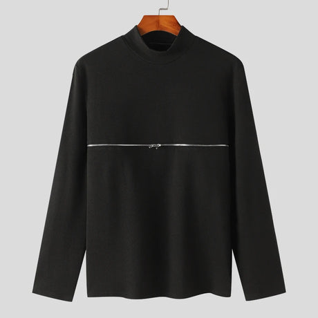INCERUN Men T Shirts Solid Color Turtleneck Long Sleeve Fitness Streetwear Camisetas 2024 Hollow Out Zipper Casual Men Clothing - Lootquake