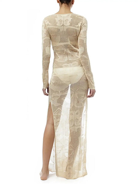 Deep V Dress Lace Up Long Sleeve Women Split Maxi Dress Crochet Knitted Tunic Mesh Sheer Sexy Bodycon Long Dress Vestido V4146B - Lootquake