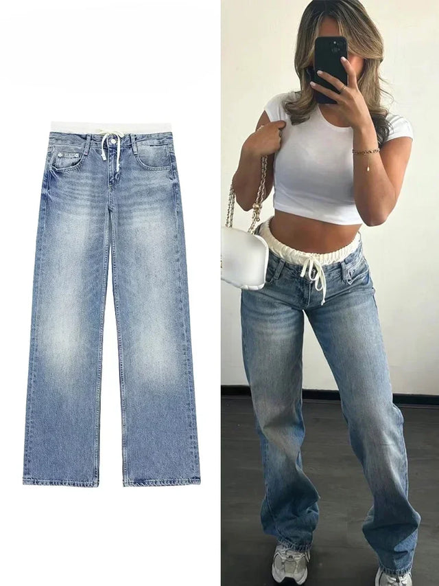 High-waisted Wide-leg Casual Jeans Basic Style Slimming Simple Design Zr Shopping Mall Similar Style Slim Fit For All Seasons - Lootquake